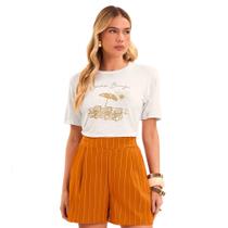 T-Shirt Feminina Rovitex Manga Curta Bordada Off White