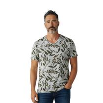 T-Shirt Malha Masculina Folhas Decote V com Bolso Cor:BEGE MILITARTamanho:P