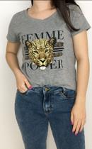 T-shirt Onça Cinza Feminino Blufera Jeans 1934-1 T-shirt Onça Cinza Feminino Blufera Jeans 1934-1