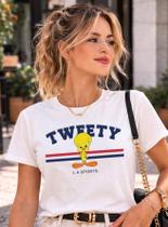 T-SHIRT PIUPIU TWEETY FIO MALHA PENTEADA 30,1 ALGOÃO PREMIUM Cor:BRANCOTamanho:P