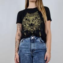 T-shirt Tigre Preta Dourado Feminino 94% Viscose E 6% Elastano Blufera Jeans 1916-2