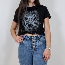 T-shirt Tigre Preta Prateado Feminino 94% Viscose E 6% Elastano Blufera Jeans 1916-1