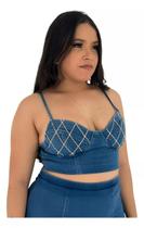 T0105-Blusa Festa Luxo Top Cropped Brilho Jeans 4o1903