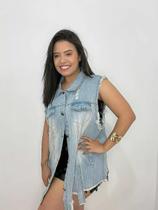T0116-Colete Feminino Jeans Alongado Confortável Gola Bolso 4d0920