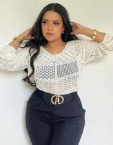 T0123-Blusa Casual Comfy Crochê Vazada Manga Longa 4n0502