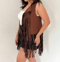 T0139-Colete Feminino Festa Carnaval Franja Liso Rodeio Country Boho Com Vestido Camisa Marrom Preto