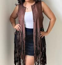 T0140-Colete Feminino Boho Midi Marrom Preto Azul Franjas Festa Carnaval Liso Rodeio Country