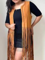 T0140-Colete Feminino Boho Midi Marrom Preto Azul Franjas Festa Carnaval Liso Rodeio Country