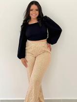 T0142-Calça Solta Brilhante Pantalona Longa Cintura Alta 4n2206