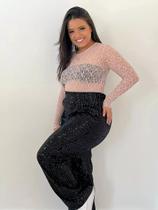 T0142-Calça Solta Brilhante Pantalona Longa Cintura Alta 4n2206 T0142-Calça Solta Brilhante Pantalona Longa Cintura Alta 4n2206