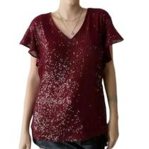 T0165-Blusa Plus Size Preto Vermelho Paetê Lantejoulas Festa Natal Carnaval Balada Manga Babado Soltinha T0165-Blusa Plus Size Preto Vermelho Paetê Lantejoulas Festa Natal Carnaval Balada Manga Babado Soltinha