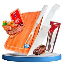 Tabua Carne Corte Madeira 50x30 Grande + Kit Garfo Faca 9pol Mor