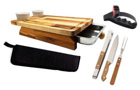 Tábua churrasco tipo Gaveta madeira Teca com kit estojo (faca, garfo e pinça) + afiador
