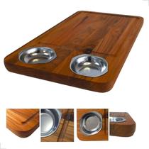 Tábua de Carne Corte Madeira Teca com 2 Potes Inox Churrasco 48x30