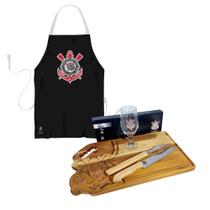 Tábua de churrasco grande corinthians + taça + avental + kit bbq utensílios presente especial.