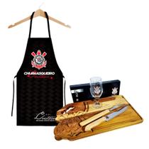 Tábua de churrasco grande corinthians + taça + avental + kit bbq utensílios presente especial.