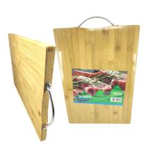 Tabua de Madeira Bambu Corte Carnes Temperos Queijos e Frios Churrasco Petisco Pegador Lateral Inox 36x23cm