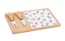 Tábua de Petisco Floral Natalina com Talher 3 PCs 25x17 cm em Bambu e Cerâmica