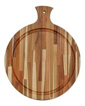 Tabua De Servir Pizza E Frios Oeste Wood Redonda com Cabo Em Madeira Teca Natural 34cm