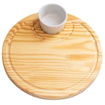 Tabua Redonda em Madeira 27cm para Servir Frios Queijo Frutas com Molheira 100ml em Porcelana Branca