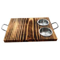 Tábua Rustica Para hambúrguer retangular Com Potes Para Molho e Alça Madeira