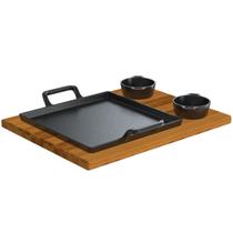Tábua Suporte de Madeira com Chapa Bifeteira Ferro 2 Panelinhas Molheiras