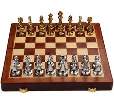 Tabuleiro de xadrez luxo com peças em liga de zinco com caixa de madeira 30x30