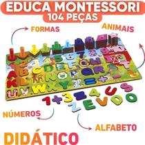 Tabuleiro Educativo Montessori Didático Infantil Alfabeto, Números, Formas e Animais