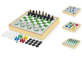 Tabuleiro Xadrez Damas Ludo e Trilha Jogo De Tabuleiro 4x1 com Estojo Madeira MDF Deluxe Kit Conjunto Jogos - Junges