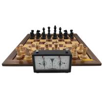 Tabuleiro Xadrez Luxo + Peças em Madeira Nobre + Relógio Analógico - 1021621