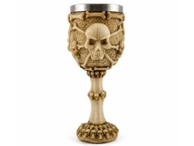 Taça Cálice Em Aço Inox e Resina 6 Caveiras Osso Crânio Medieval Rock Colecionável Decorativo Coquetel Cerveja