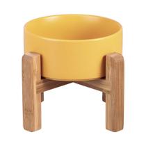 Taça elevada de cerâmica para gatos LIONWEI LIONWELI amarela com suporte de madeira Taça elevada de cerâmica para gatos LIONWEI LIONWELI amarela com suporte de madeira
