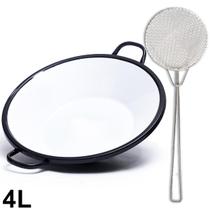 Tacho Com Alça Branco Esmaltado 4L+Escumadeira De Arame Fritura Salgado Pastel Beira Alta Fritadeira