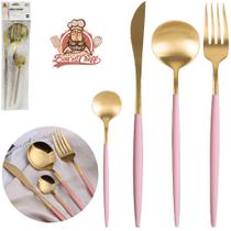 Talher De Inox Rosa Com Dourado Colher / Faca / Garfo / Colher De Sobremesa 4 Pecas Bons Cheff