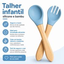 Talher Infantil Silicone e Bambu Azul Colher e Garfo Macio Seguro para Introdução Alimentar Bebê Talher Infantil Silicone e Bambu Azul Colher e Garfo Macio Seguro para Introdução Alimentar Bebê