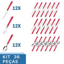Talheres 36 Peças Colher Garfo Faca Inox Luna Cabo Vermelho
