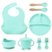 Talheres Bebê Silicone 6 Peças Kit Talheres Infantil Com Ventosa Canudo Colher Babador Garfo Verde