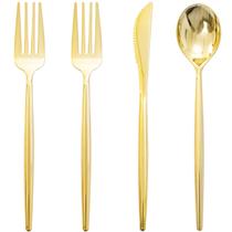 Talheres de plástico descartáveis Rubtlamp Gold 90 unidades (30 facas, 60 garfos e colheres)