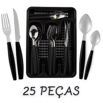 Talheres Faqueiro Jogo de Talheres Inox 25 Peças Porta Talher Gaveteiro Preto Vermelho Branco