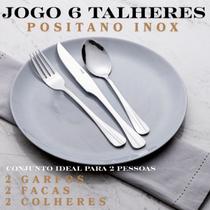 Talheres Inox 6 Peças Kit Garfos Facas Colheres Positano Prateado Mesa Posta Serve 2 Pessoas Lyor