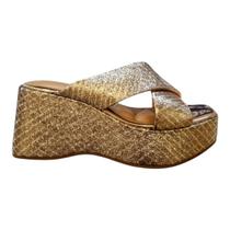 Tamanco Anabela Feminino Vizzano Metalizado Casual Plataforma Conforto Tiras Cruzadas 6559.104 Dourado