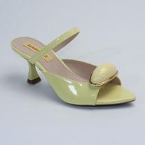 Tamanco Feminino Bico Folha Pedraria Salto Médio Verniz Elegante Confortável Casual Moda
