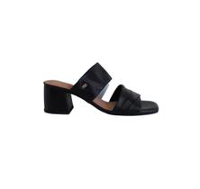 Tamanco Feminino em Couro Preto Tiras Salto Bloco Conforto