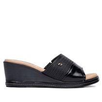 Tamanco Feminino Pegada Couro Anabela Texturizado Preto/Bege Tamanco Feminino Pegada Couro Anabela Texturizado Preto/Bege