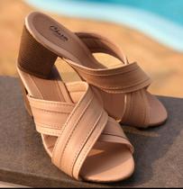 Tamanco feminino salto alto grosso tiras cruzada larga diversas cores