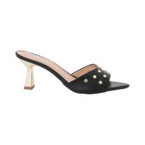 Tamanco Feminino Stessy Mule Bico Folha Salto Taça Cromado Tachas Luxo