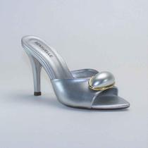 Tamanco Mule Feminino Salto Fino Detalhe Pedra Metalizado Ellen Elegante Festa Confortável Moda Luxo