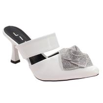 Tamanco Mule Feminino Verniz Salto Taça Médio Flor Strass Elegante Luxo Festa Confortável Moderna Ca