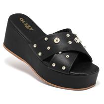 Tamanco Plataforma Feminino Olzzy com Tiras Largas Cruzadas e Cravos Dourados Moderno e Confortável