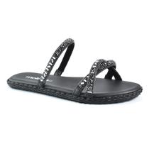 Tamanco Rasteiro Moleca Tiras Strass Feminino Preto Grafite 347039